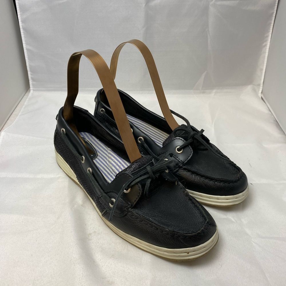SEBAGO Black Sequin leather Boat shoes